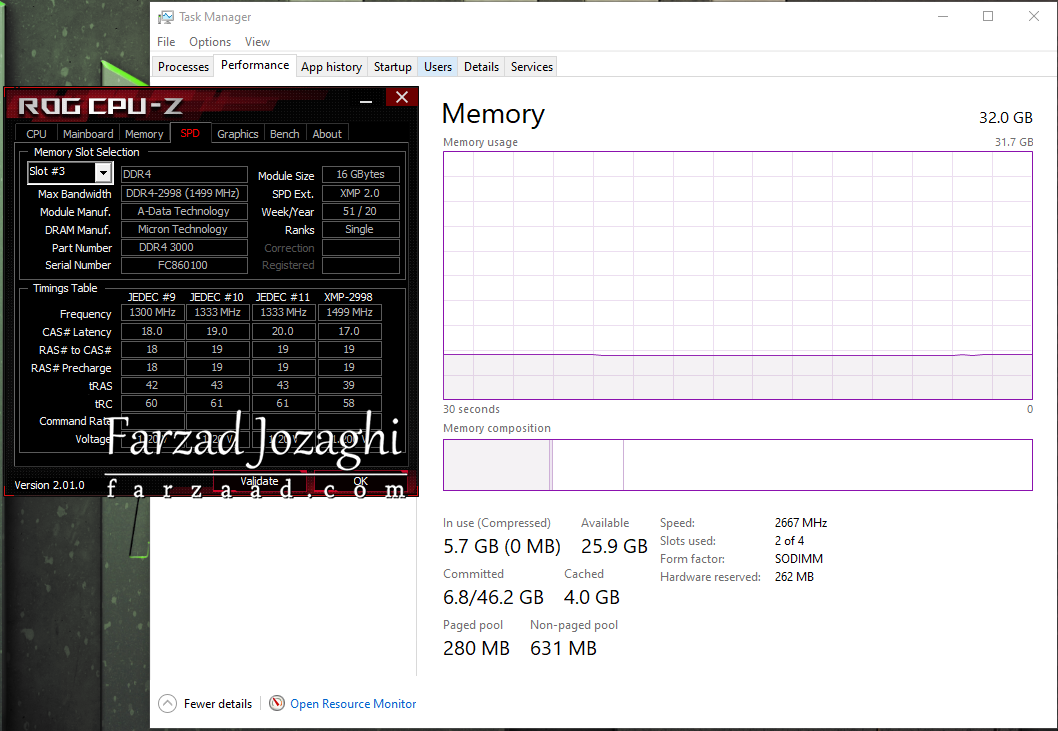 رم‌های XPG Hunter 16GB 3000MHz که به جای 3000MHz از 2667MHz شون استفاده میشد. میتونید ببینید برای 3000 نیاز به XMP بود که من آپشنشو توی بایوس نتونستم پیدا کنم.